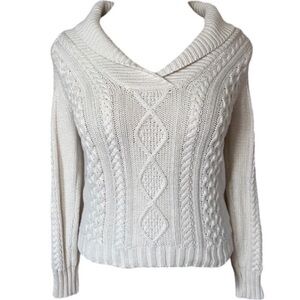 Eddie Bauer Cable Knit Sweater Cotton Blend Cream Pullover Ribbed Shawl Collar S